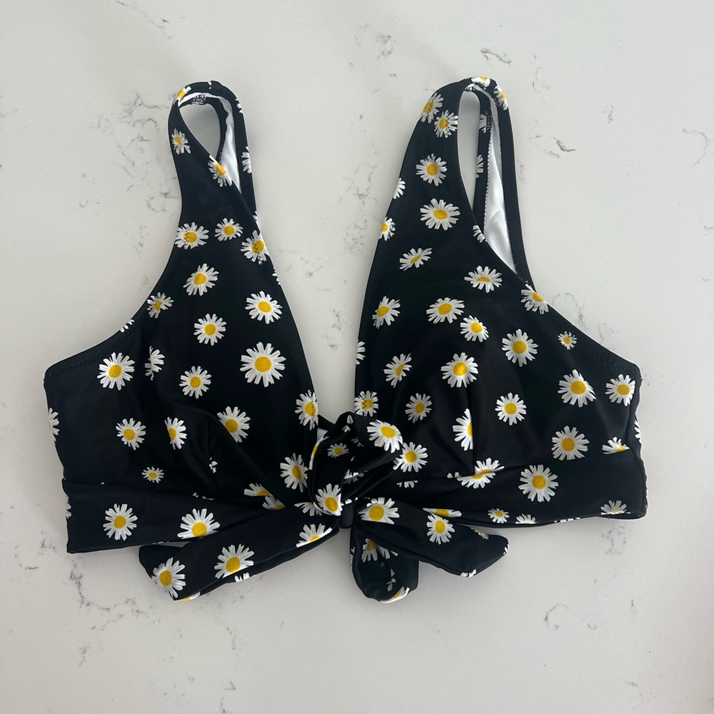 Black Daisy Print Bikini Top